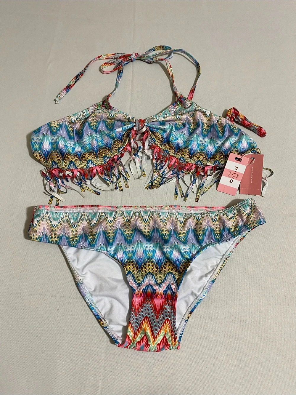 PILYQ Belize Fringe w Scoop Bottom Bikini Set Youth Girl's Size 16